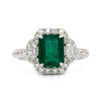 18K White Gold Emerald and Diamond Halo Ring