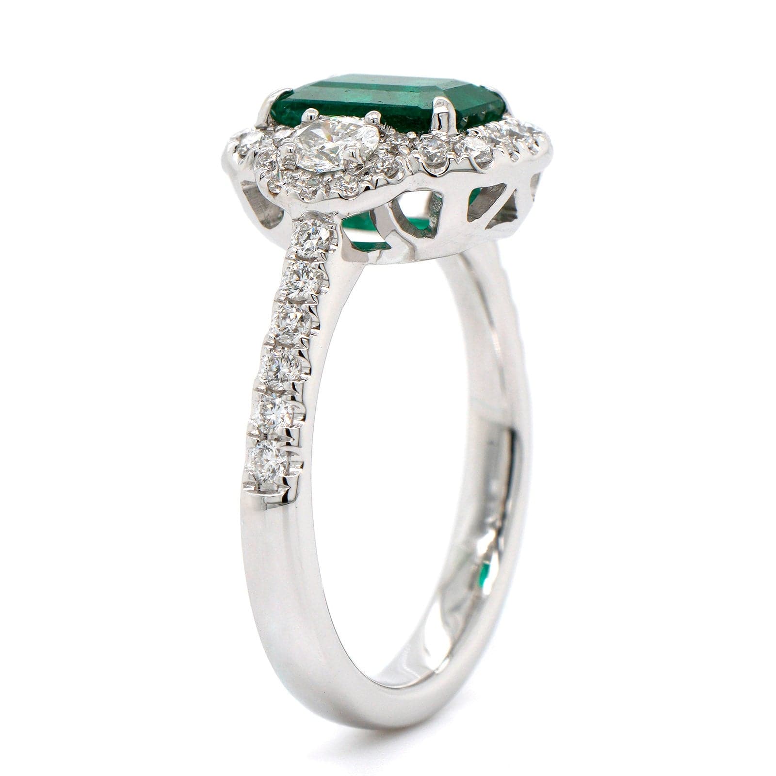 18K White Gold Emerald and Diamond Halo Ring
