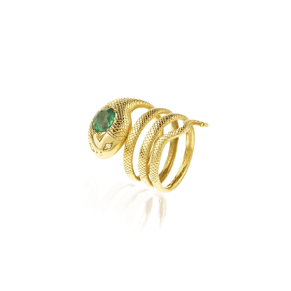 Christina Alexiou 18K Yellow Gold Diamond and Emerald Snake Ring