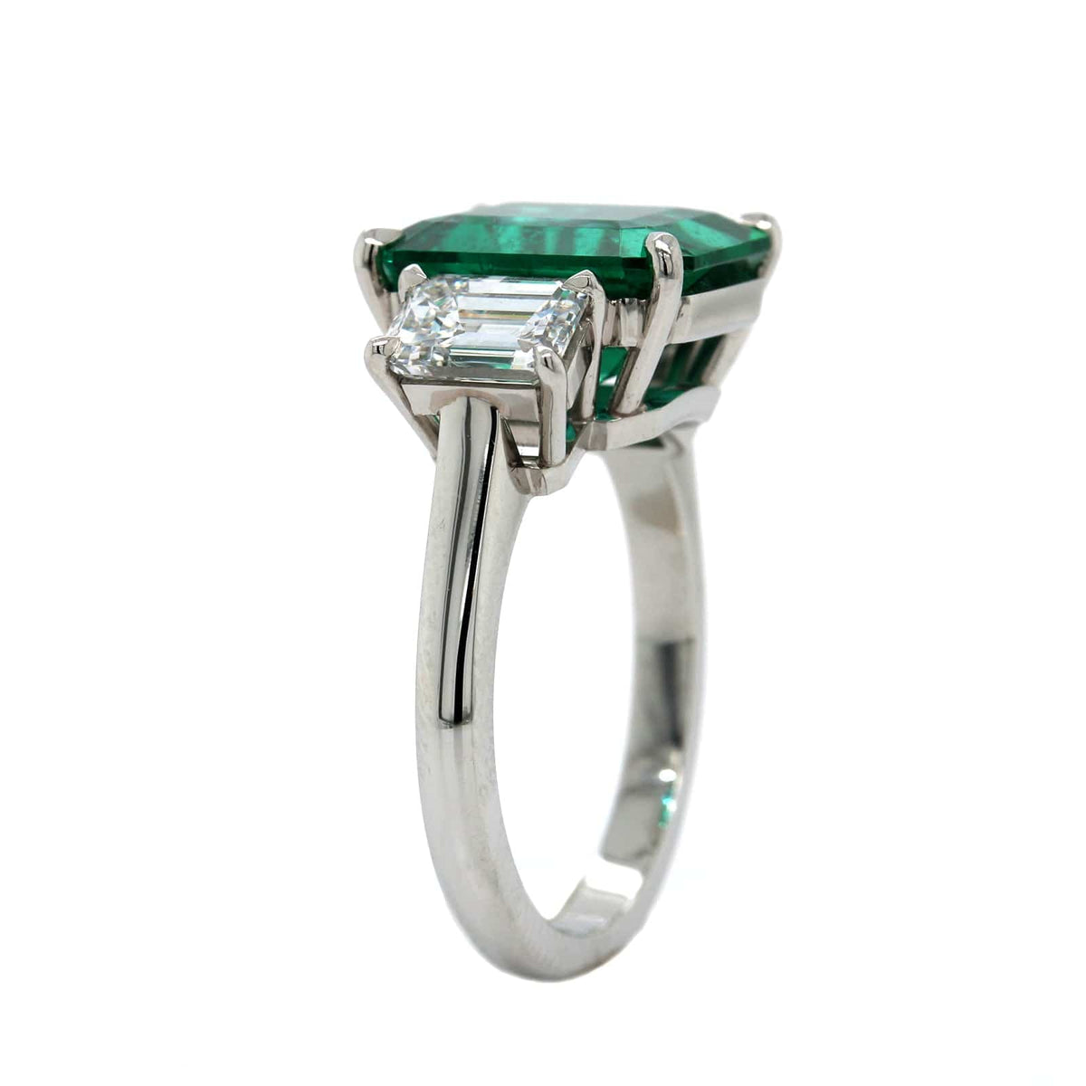 Platinum 3 Stone Emerald and Diamond Ring