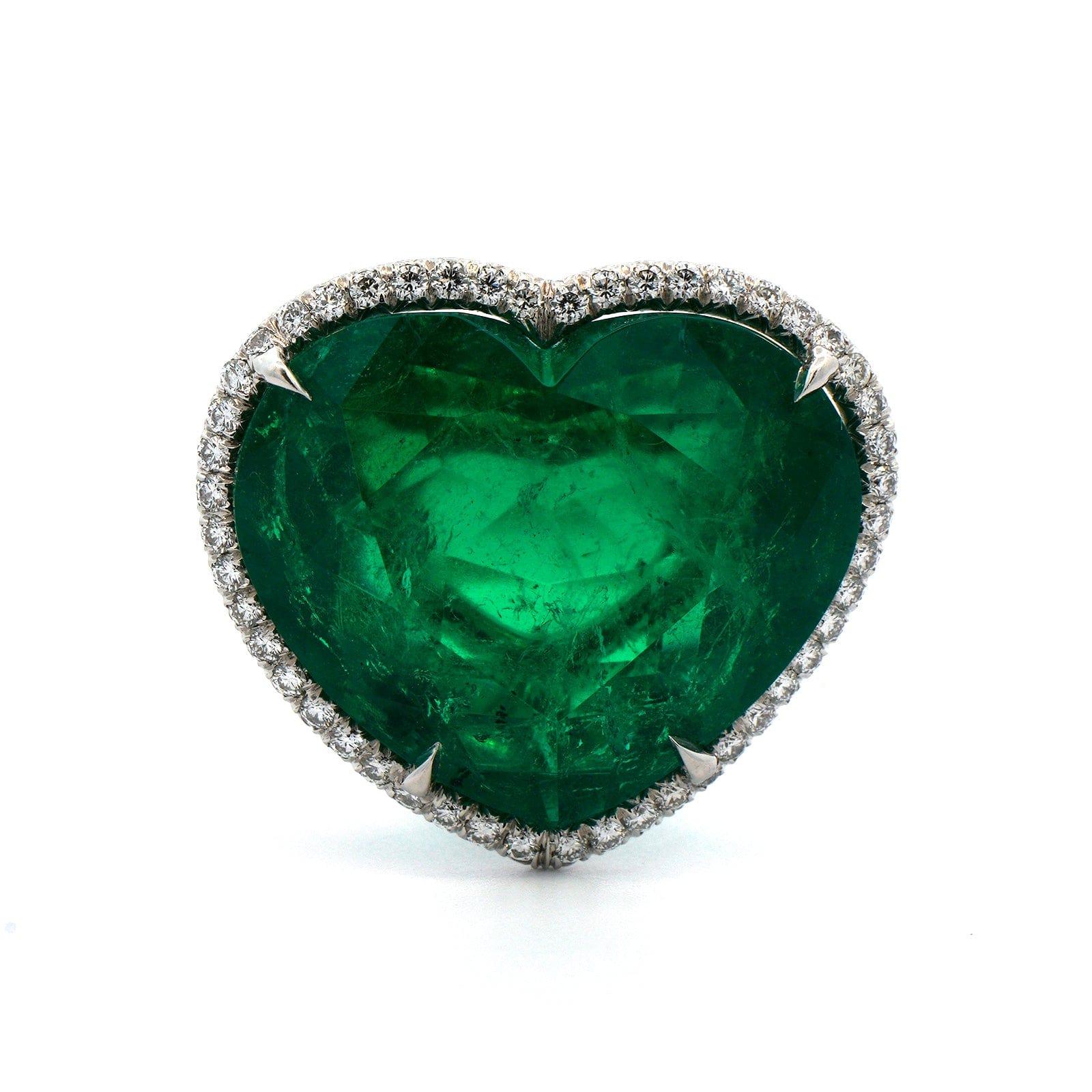 Platinum Heart Shaped Emerald and Diamond Ring