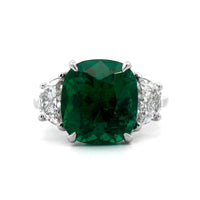 Platinum 3 Stone Cushion Cut Emerald and Half Moon Diamond Ring