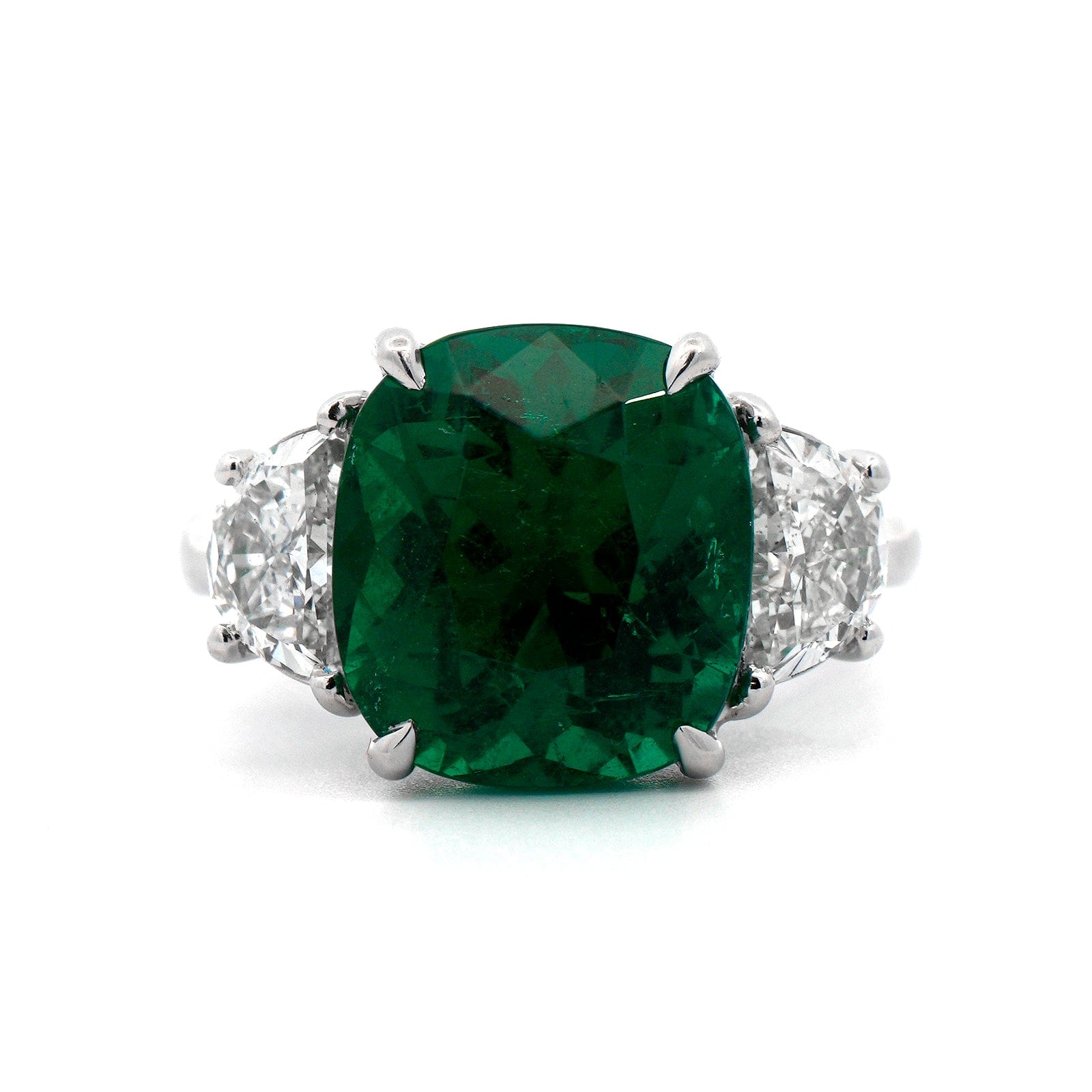 Platinum 3 Stone Cushion Cut Emerald and Half Moon Diamond Ring