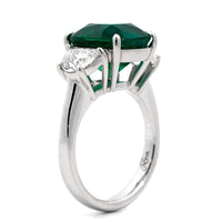 Platinum 3 Stone Cushion Cut Emerald and Half Moon Diamond Ring