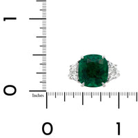 Platinum 3 Stone Cushion Cut Emerald and Half Moon Diamond Ring