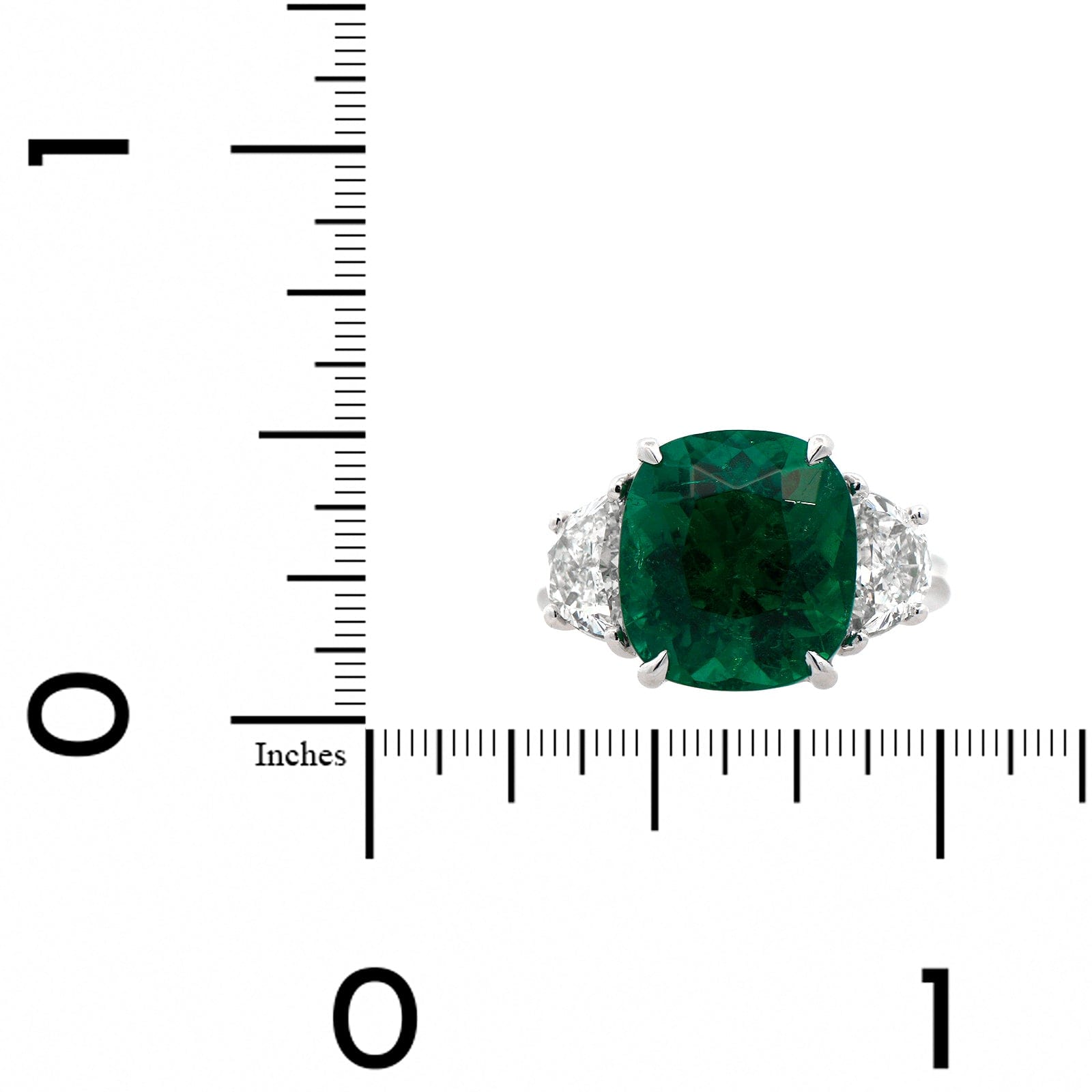 Platinum 3 Stone Cushion Cut Emerald and Half Moon Diamond Ring