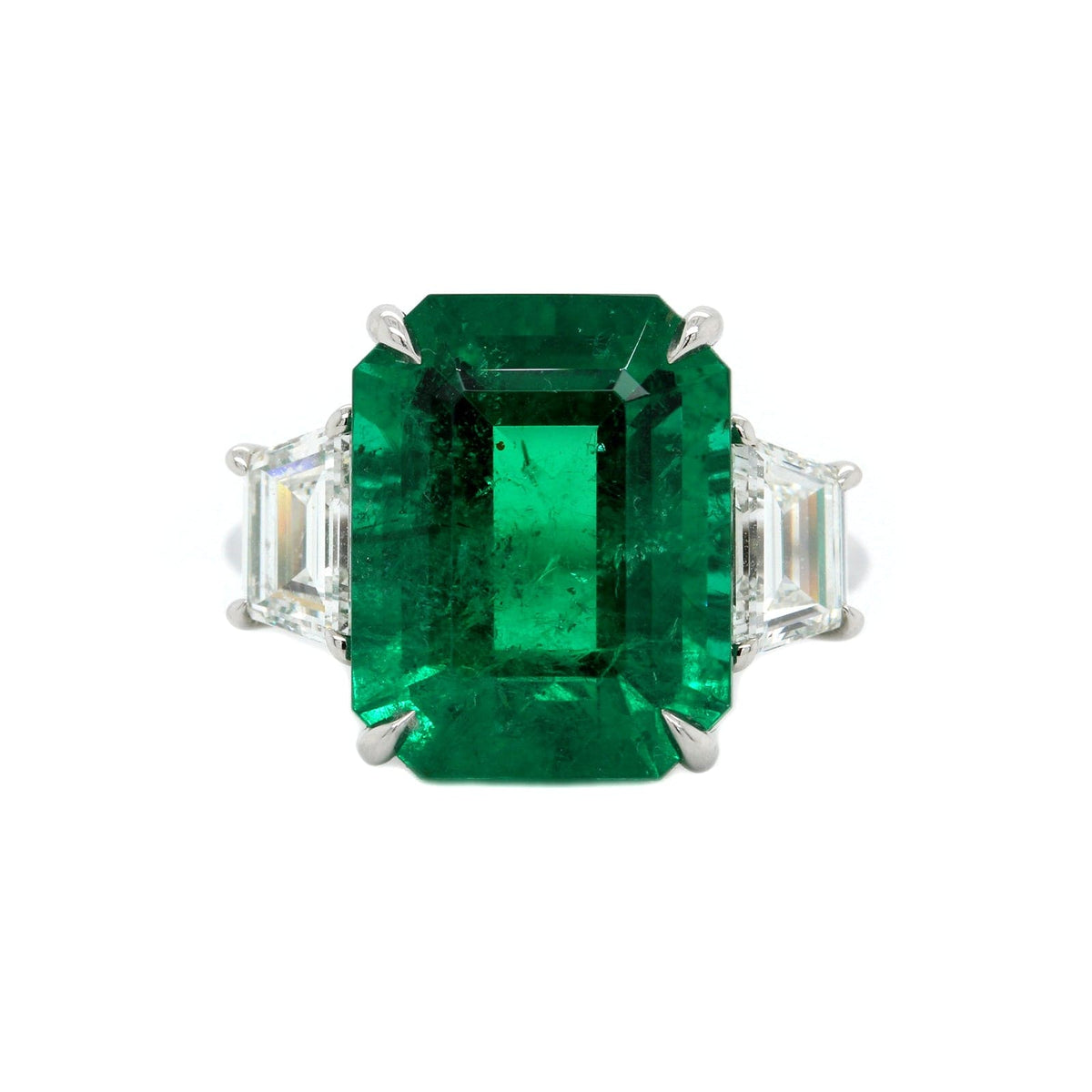 Platinum 3 Stone Emerald and Diamond Ring