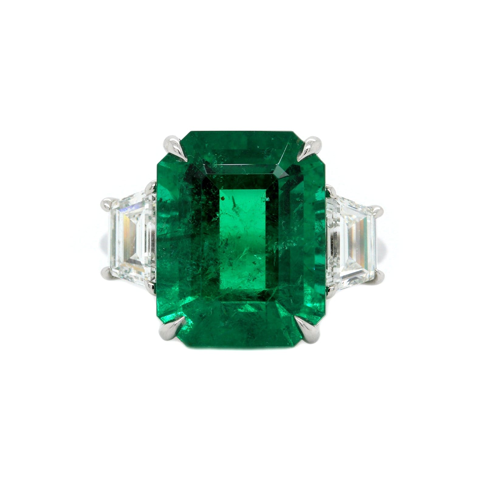 Platinum 3 Stone Emerald and Diamond Ring