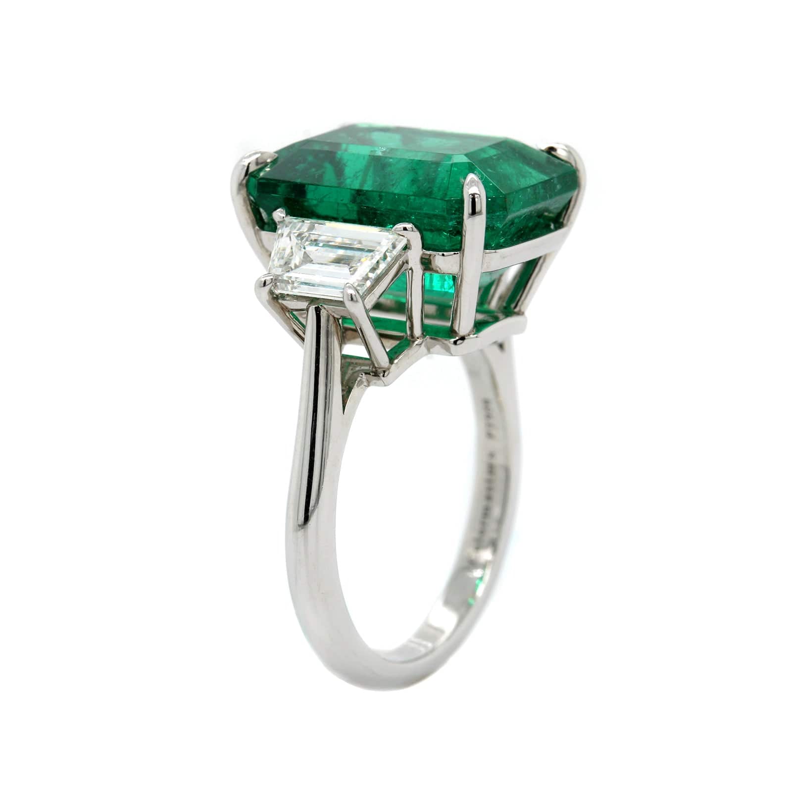 Platinum 3 Stone Emerald and Diamond Ring