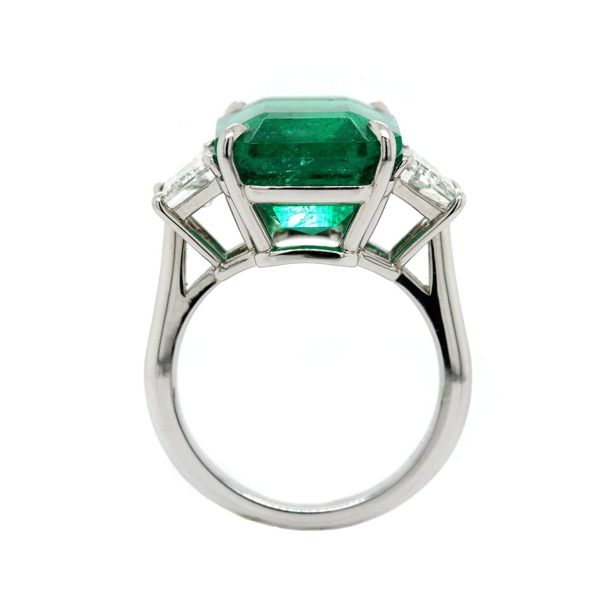 Platinum 3 Stone Emerald and Diamond Ring