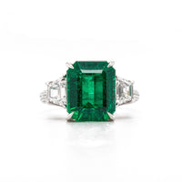 Platinum 3 Stone Emerald and Diamond Ring