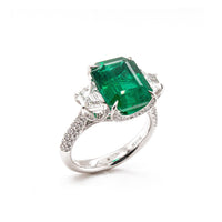 Platinum 3 Stone Emerald and Diamond Ring