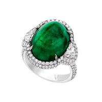 18K White Gold Cabochon Emerald and Half Moon Diamond Ring
