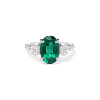 18K White Gold Oval Emerald and Diamond Three Stone Ring
