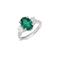 18K White Gold Oval Emerald and Diamond Three Stone Ring
