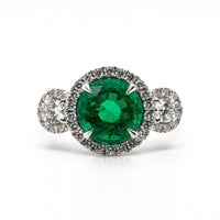 18K White Gold Round Emerald and Diamond Halo Ring