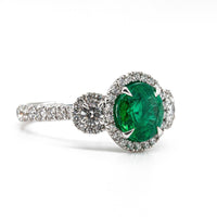 18K White Gold Round Emerald and Diamond Halo Ring