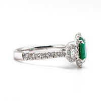 18K White Gold Round Emerald and Diamond Halo Ring