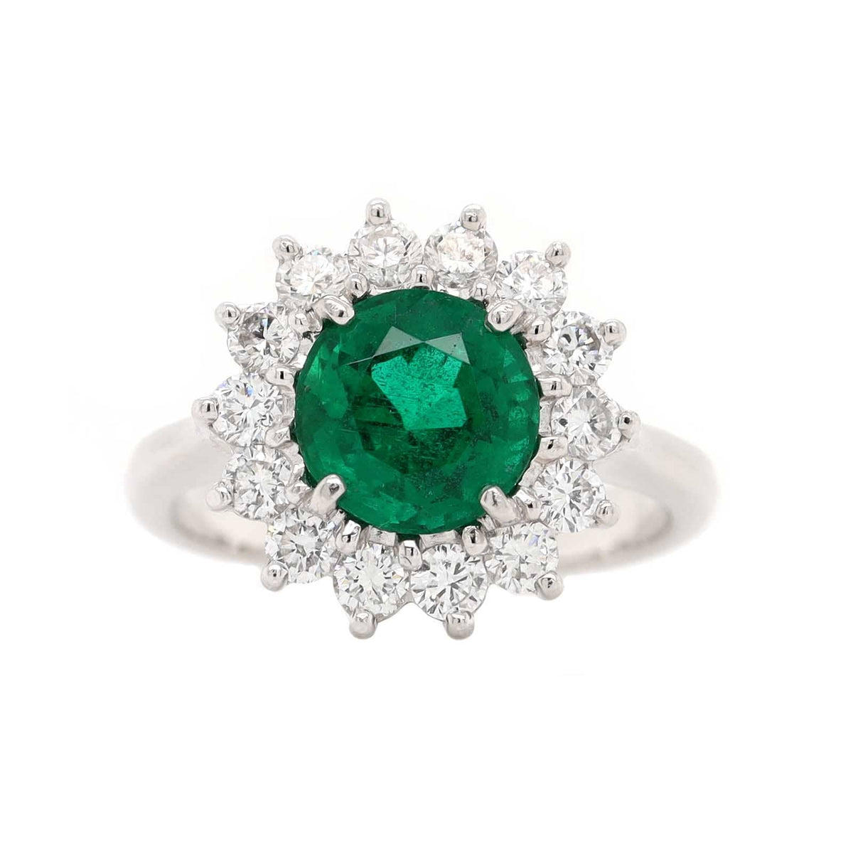 Platinum Round Emerald and Diamond Halo Ring