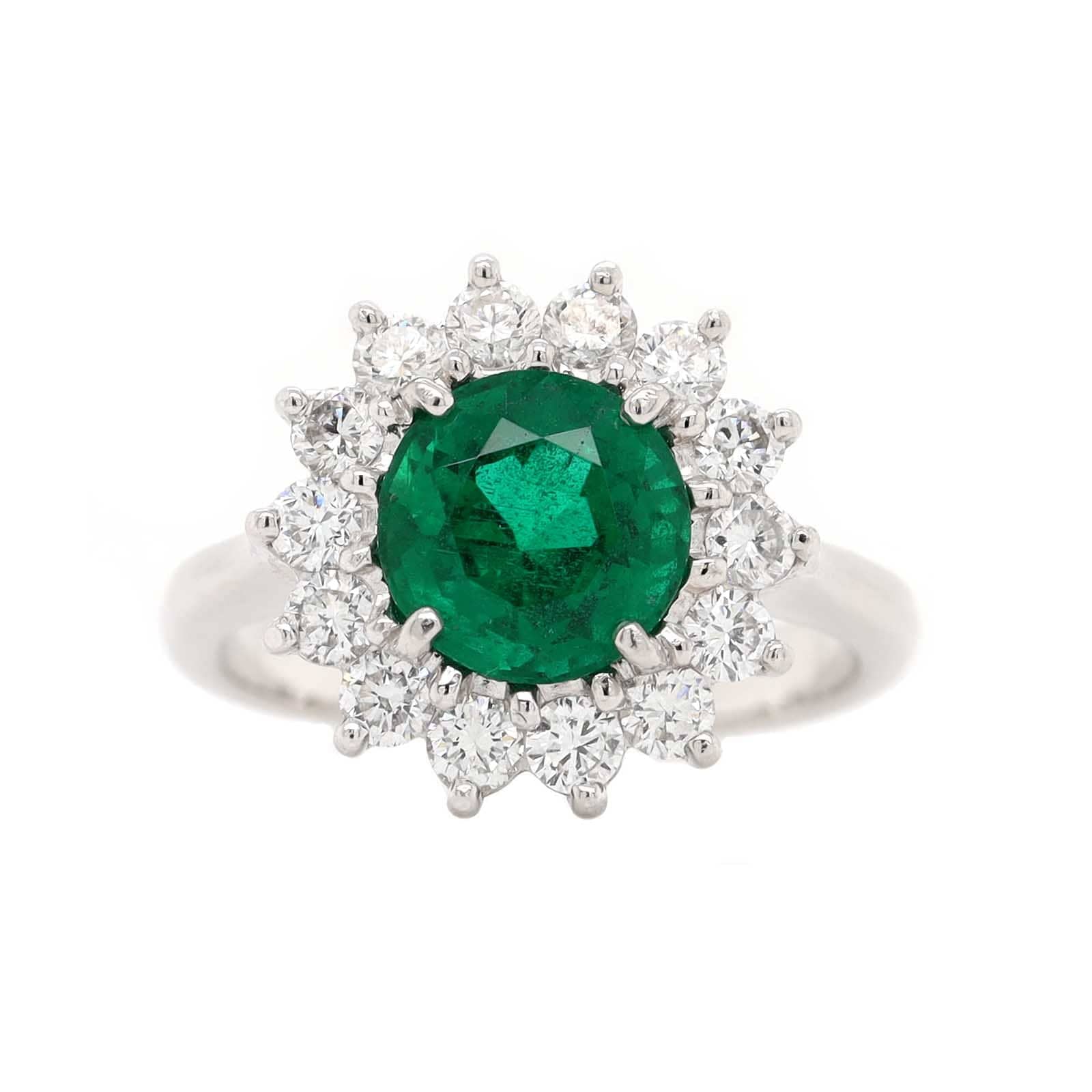 Platinum Round Emerald and Diamond Halo Ring