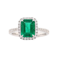 14K White Gold Emerald Cut Emerald and Diamond Halo Ring