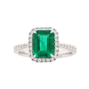 14K White Gold Emerald Cut Emerald and Diamond Halo Ring