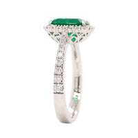 14K White Gold Emerald Cut Emerald and Diamond Halo Ring