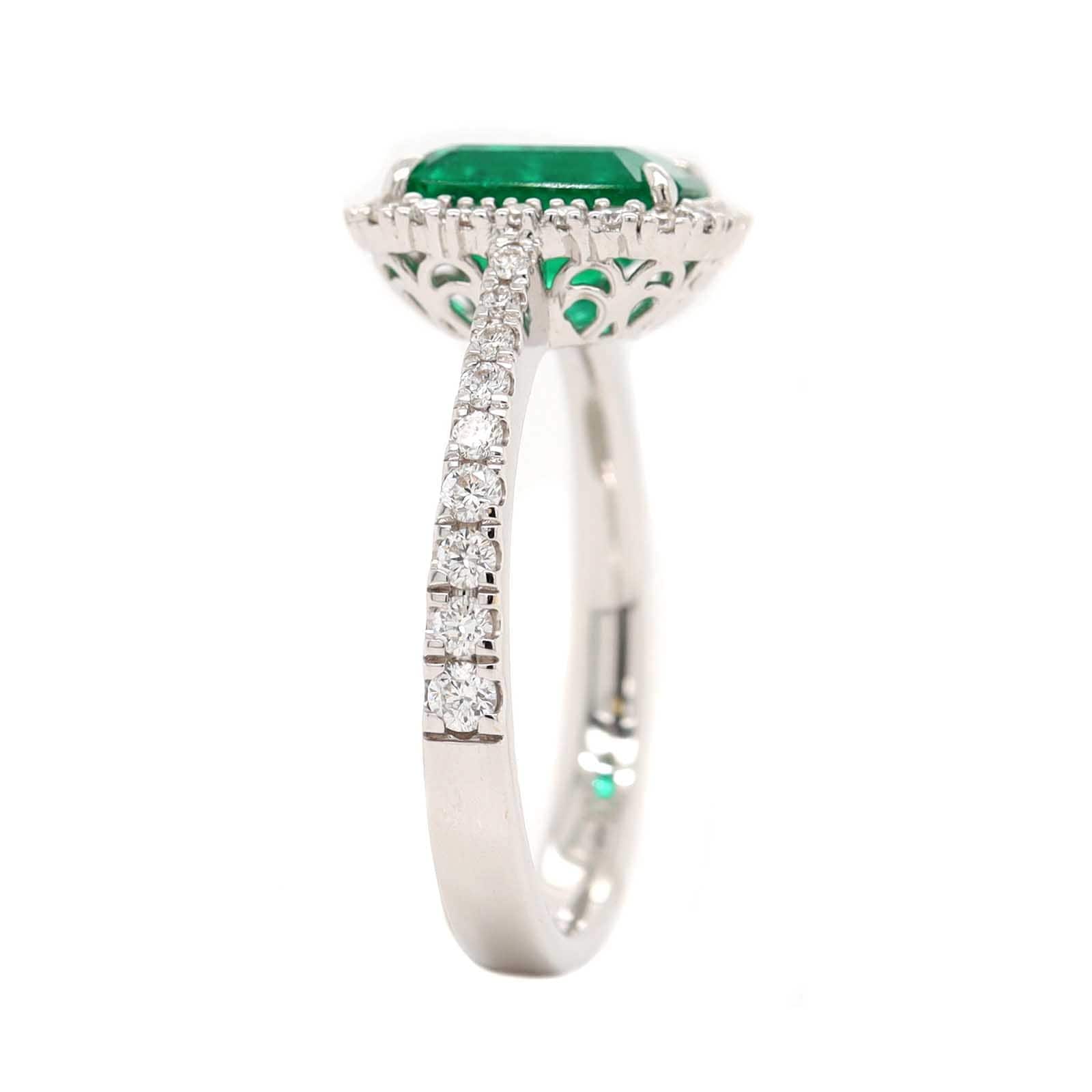 14K White Gold Emerald Cut Emerald and Diamond Halo Ring