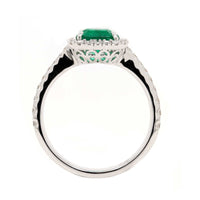 14K White Gold Emerald Cut Emerald and Diamond Halo Ring