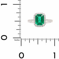 14K White Gold Emerald Cut Emerald and Diamond Halo Ring