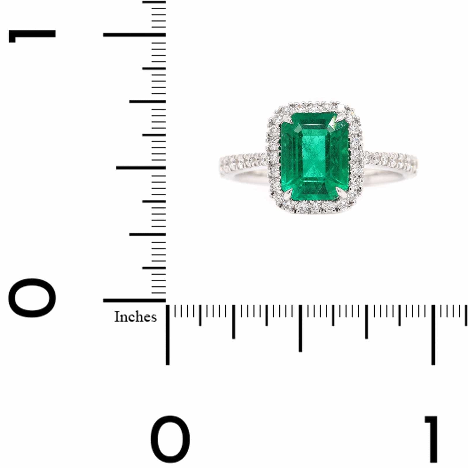 14K White Gold Emerald Cut Emerald and Diamond Halo Ring