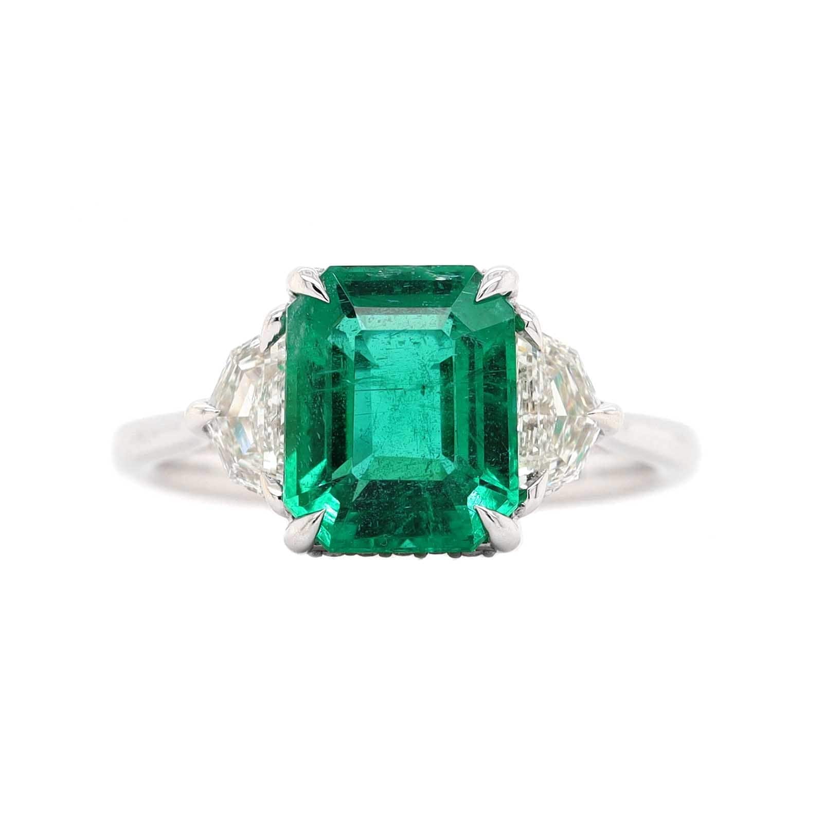 18K White Gold Three Stone Emerald and Diamond Ring