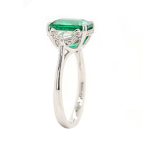 18K White Gold Three Stone Emerald and Diamond Ring