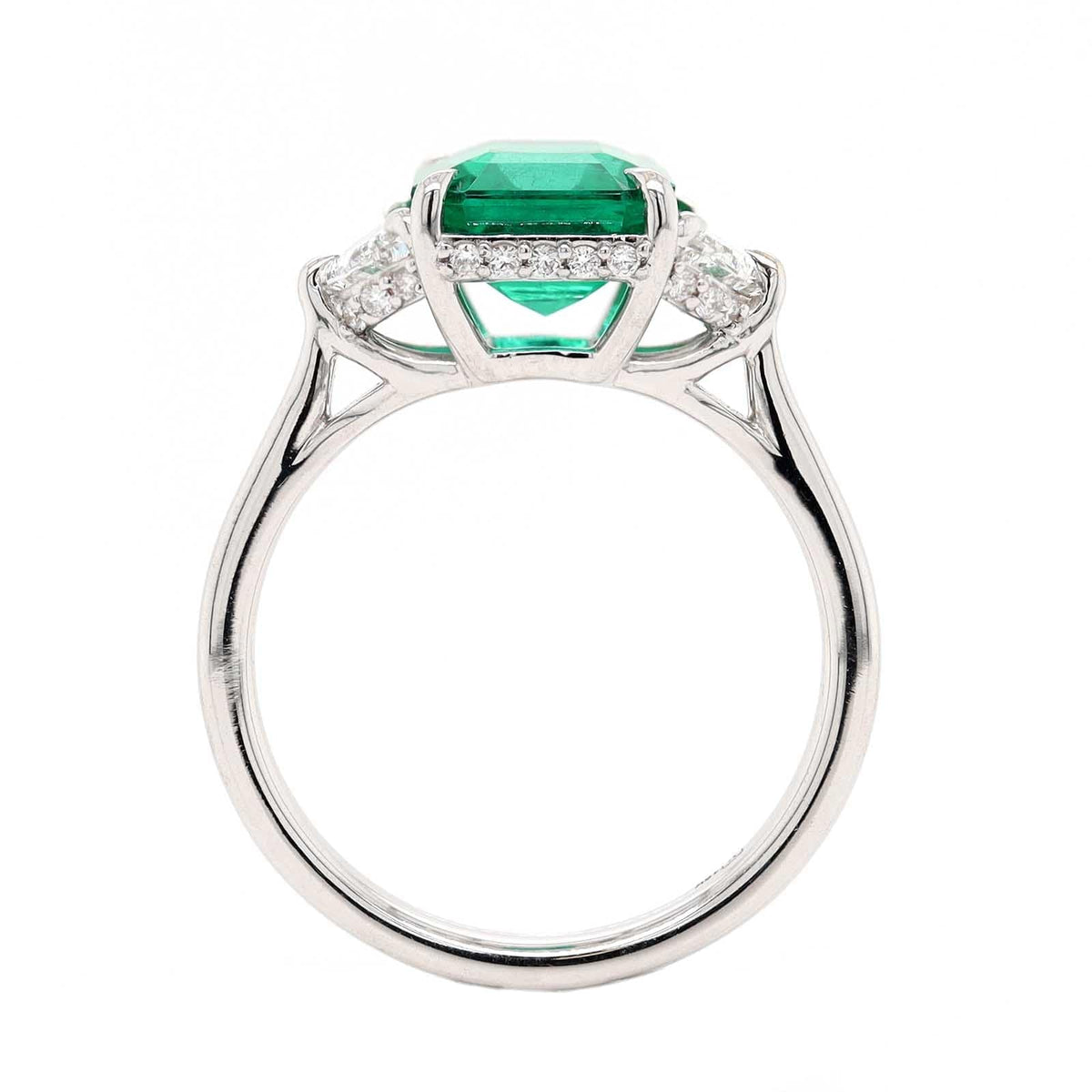 18K White Gold Three Stone Emerald and Diamond Ring