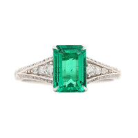 18K White Gold Emerald and Pave Diamond Shank Ring