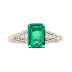 18K White Gold Emerald and Pave Diamond Shank Ring