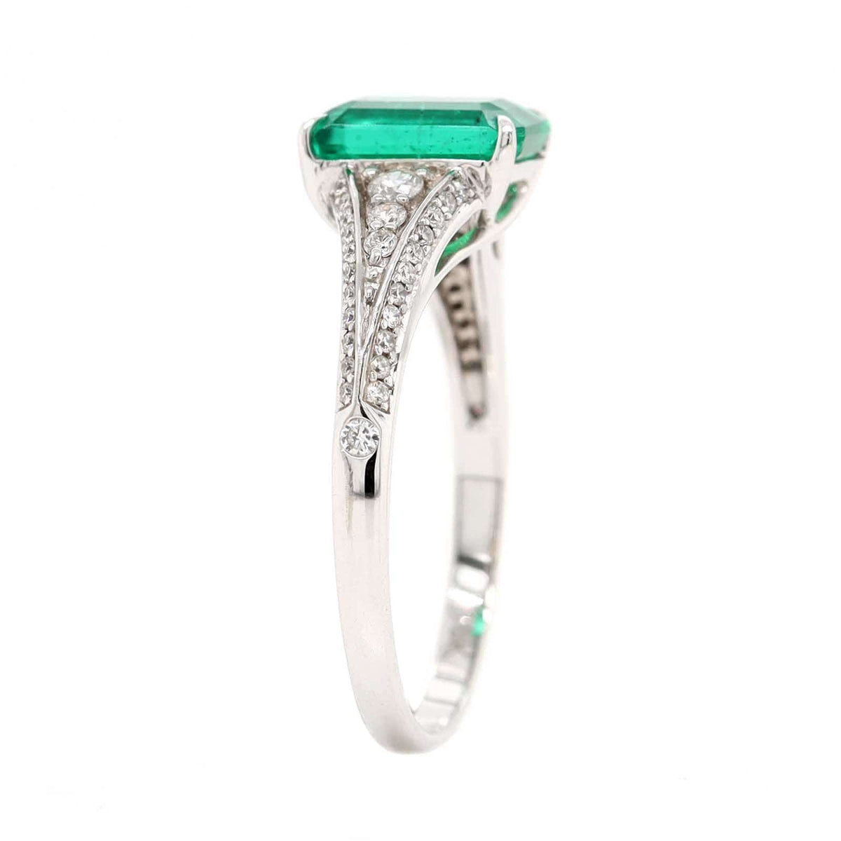 18K White Gold Emerald and Pave Diamond Shank Ring