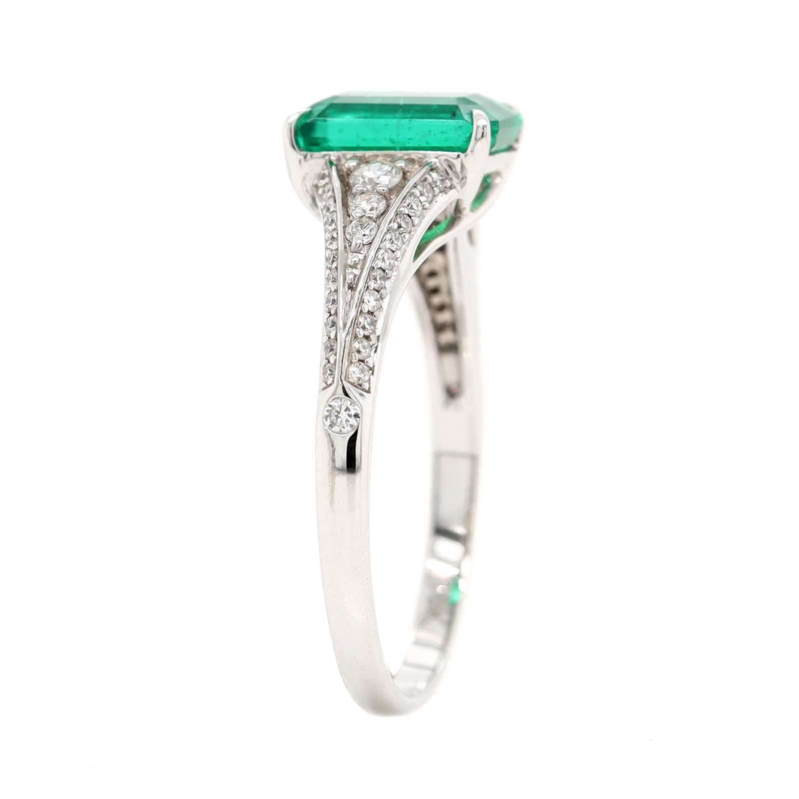 18K White Gold Emerald and Pave Diamond Shank Ring