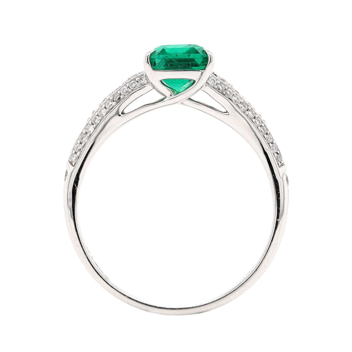 18K White Gold Emerald and Pave Diamond Shank Ring