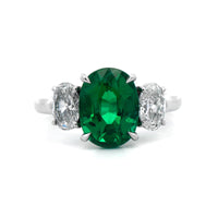 Platinum 3 Stone Oval Emerald and Diamond Ring