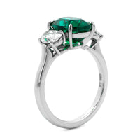 Platinum 3 Stone Oval Emerald and Diamond Ring