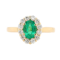 18K Yellow Gold Oval Emerald and Diamond Halo Ring