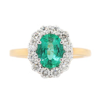 18K Two-Tone Gold Oval Emerald and Diamond Halo Ring