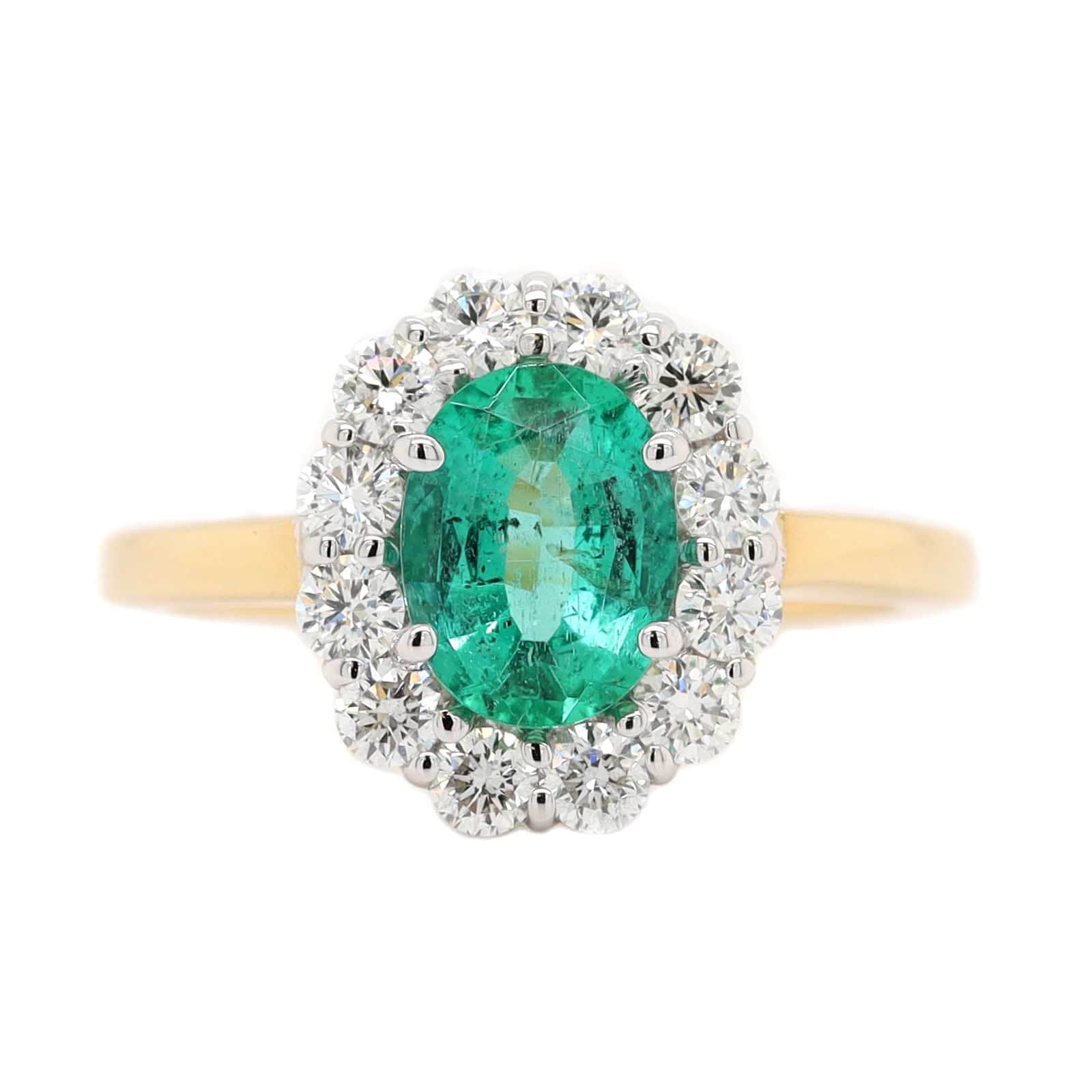 18K Two-Tone Gold Oval Emerald and Diamond Halo Ring