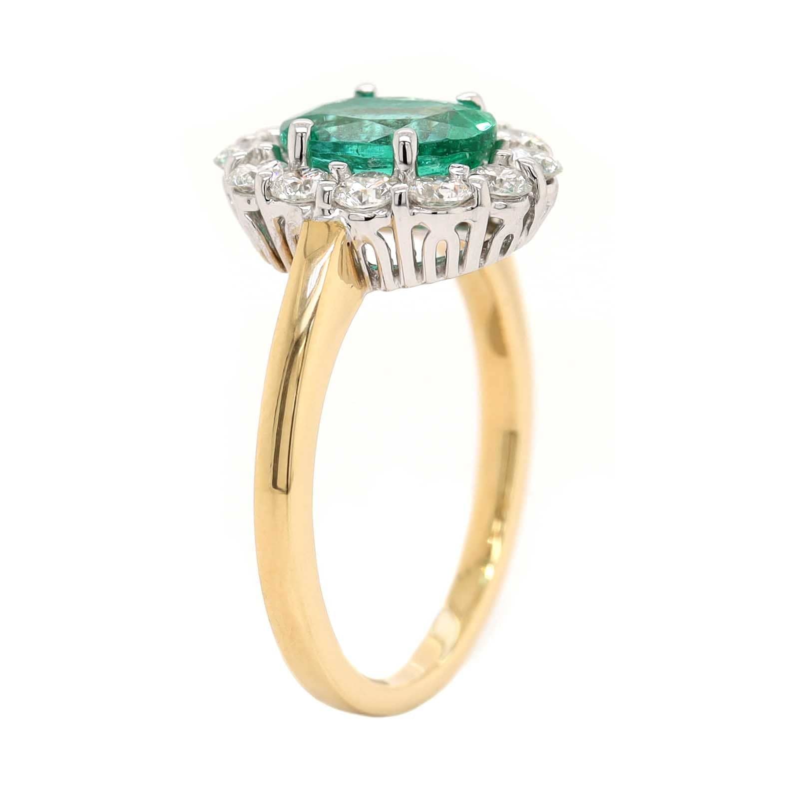 18K Two-Tone Gold Oval Emerald and Diamond Halo Ring
