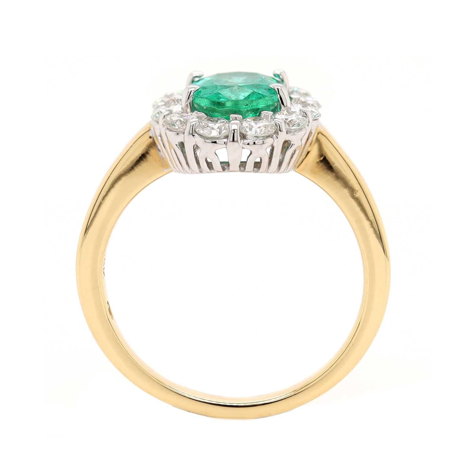 18K Two-Tone Gold Oval Emerald and Diamond Halo Ring