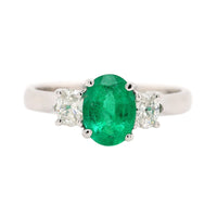 Platinum 3 Stone Oval Emerald and Diamond Ring