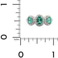 Platinum 3 Stone Oval Emerald and Diamond Halo Ring