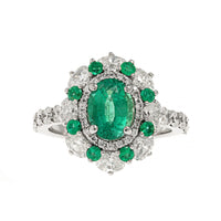 18K White Gold Oval Emerald and Diamond Halo Ring