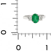 Platinum 3 Stone Oval Emerald and Diamond Halo Ring